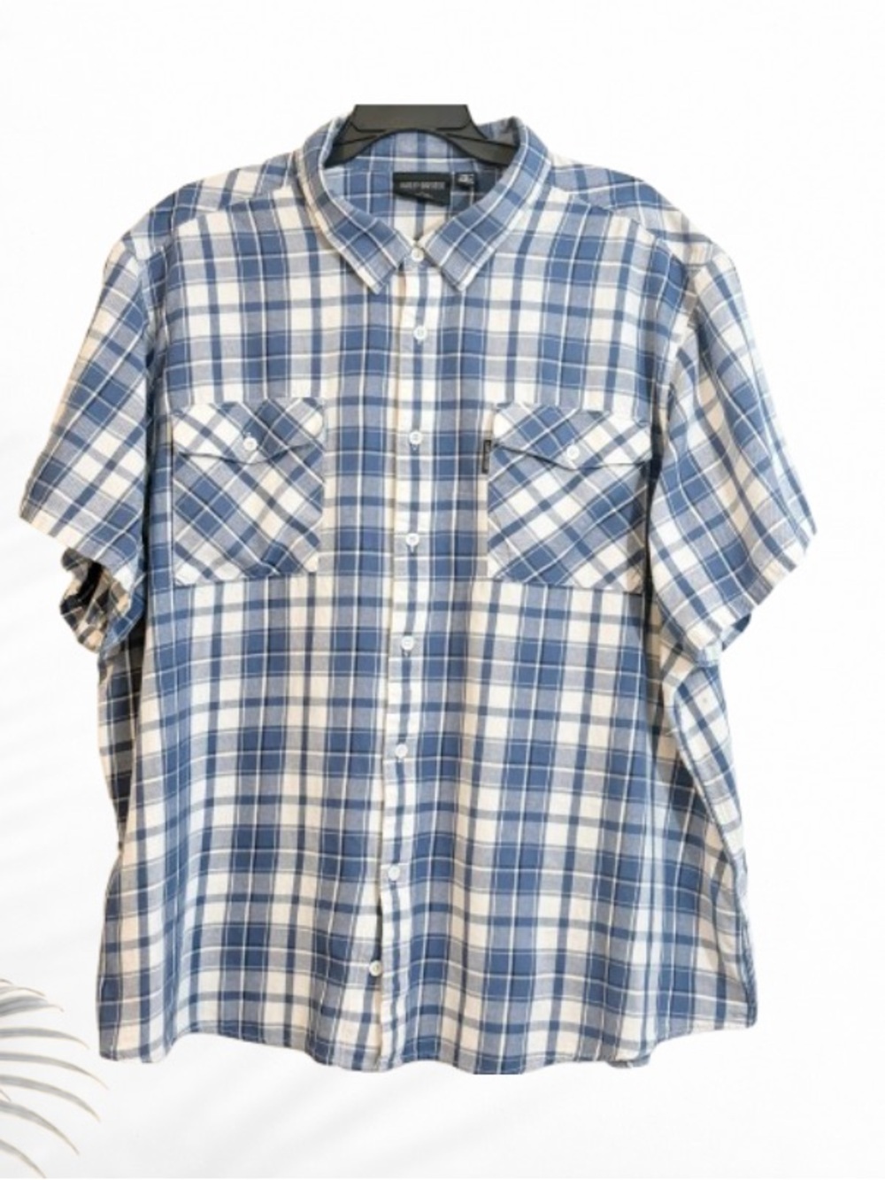 Harley-Davidson Men’s 5XL Blue White Plaid Short Sleeve Button Up Shirt